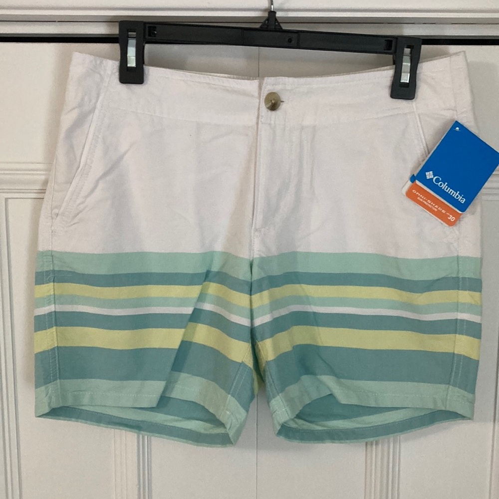 NWT Columbia White Shorts with Green and Yellow Stripes